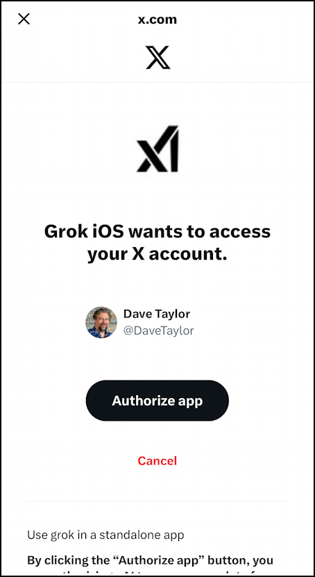 grok ai iphone ios app - grok wants to access your x account