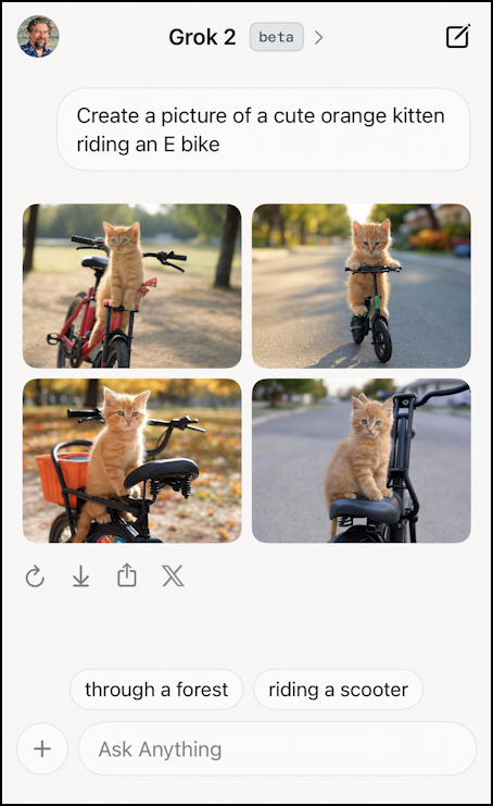 grok ai iphone ios app - first prompt: kitten on a bicycle
