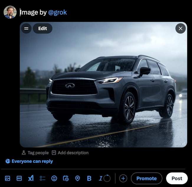 grok ai generate car image - ready to share on x / twitter