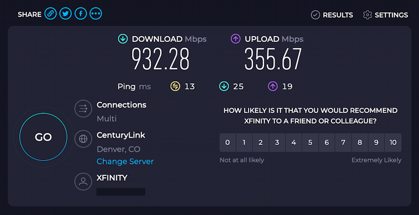 mac internet wifi speedtest - xfinity - hardwired ethernet connection