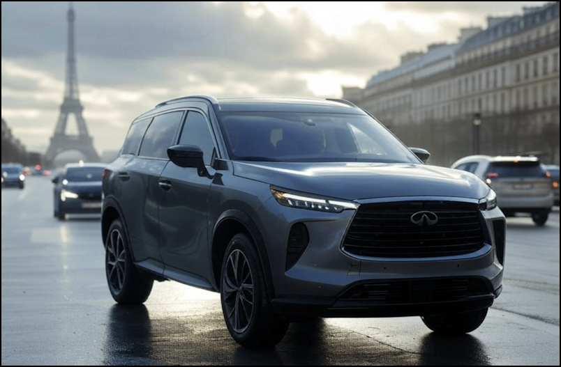 2025 infiniti qx60 on streets of paris Eiffel tower in background raining