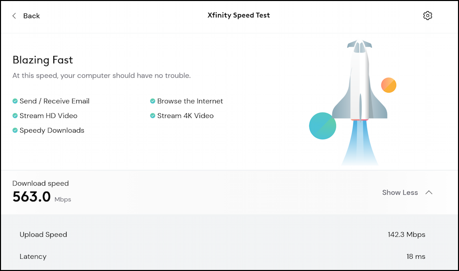 pc internet wifi speedtest - xfinity - result on windows 11 win11 pc