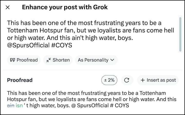 x twitter grok ai - post proofread, improvements suggested