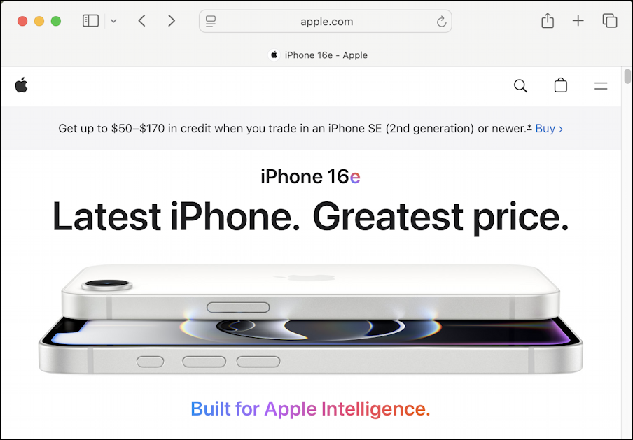 macos safari showing info about iphone 16e. No AI features visible.