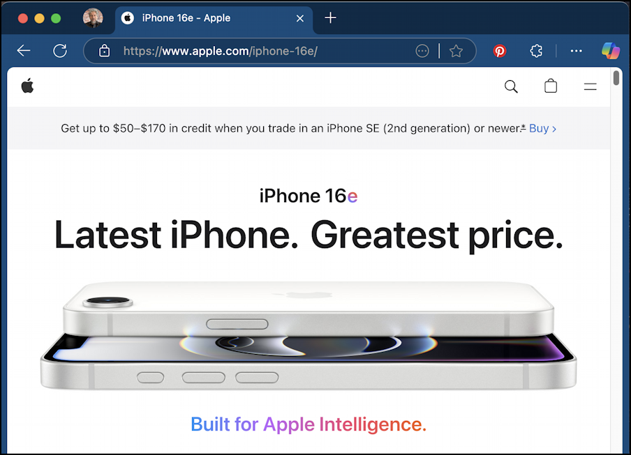 macos microsoft edge showing info about iphone 16e. Copilot highly visible