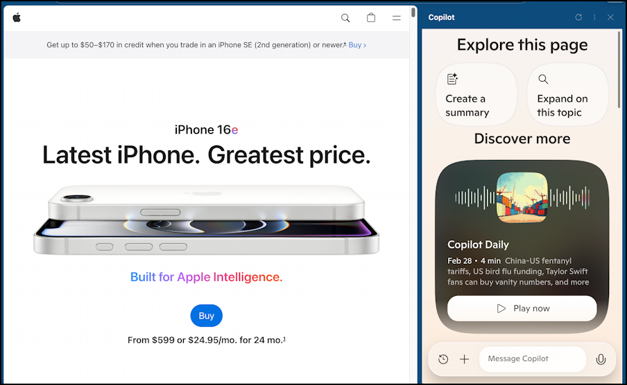 microsoft edge with copilot sidebar - ai widow open