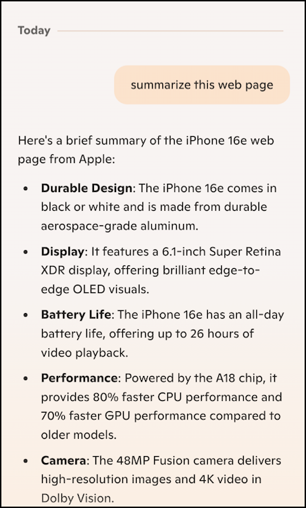 microsoft edge with copilot sidebar - summarize apple iphone 16e page