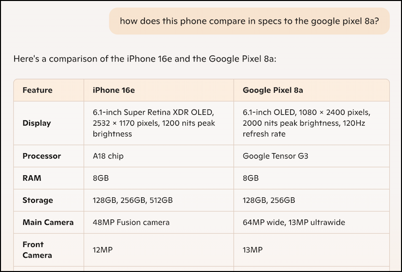 microsoft edge with copilot sidebar - compare iphone 16e and google pixel 8a