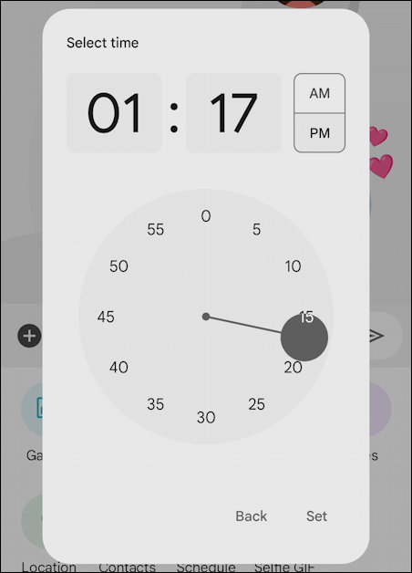 android schedule text message - pick date and time: time