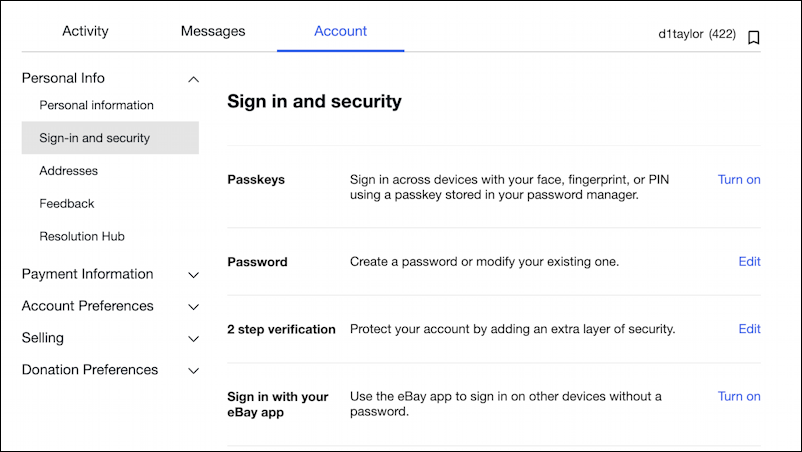 ebay login account security passkey - settings > sign in and security