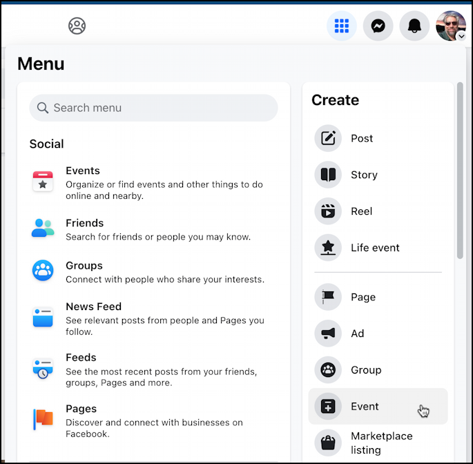 create facebook event - 3x3 grid button menu