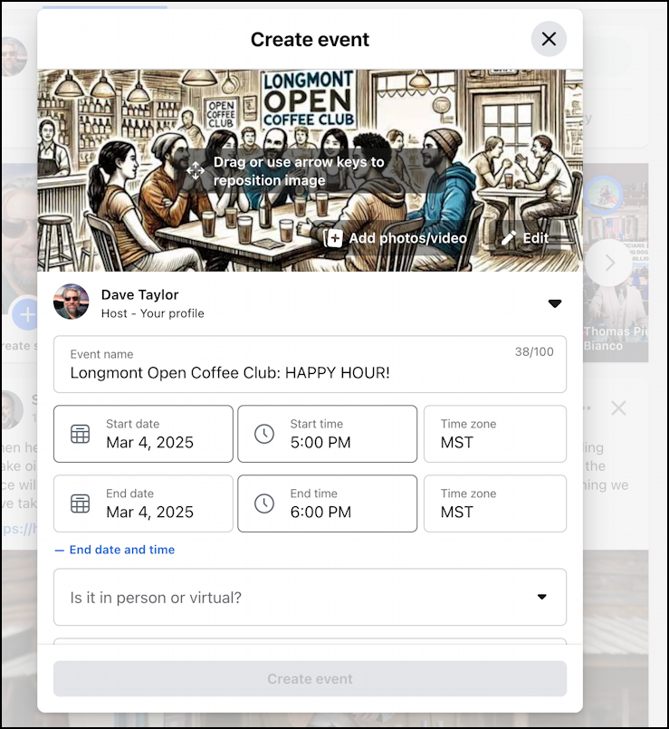 create facebook event -  name, date, duration