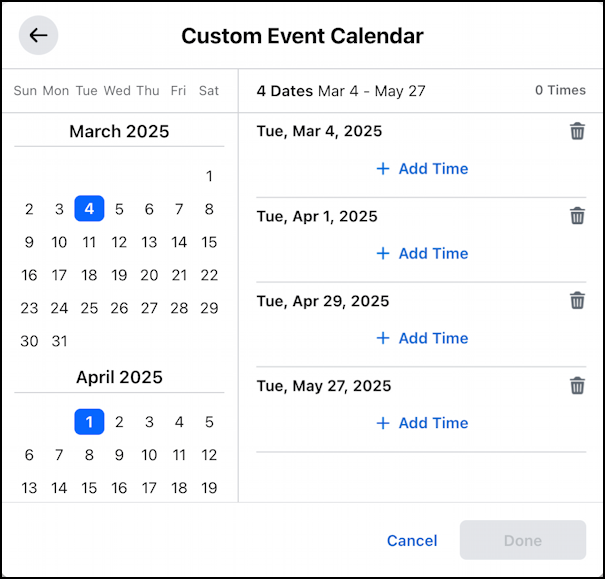 create facebook event - recurring every 4 weeks
