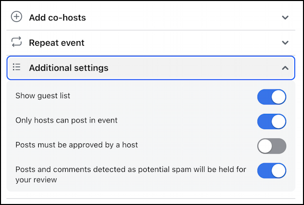 create facebook event - additional settings