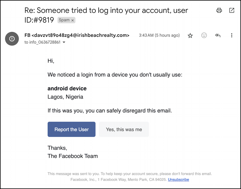logged in to your facebook account email notification - the message