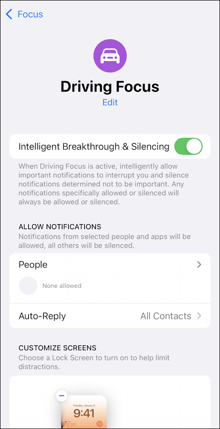 iphone focus autoreply driving focus fail - settings > focus > driving
