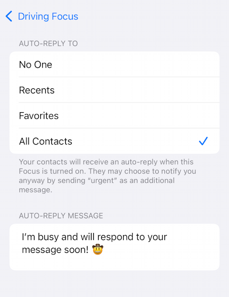 iphone focus autoreply driving focus fail - autoreply all contacts