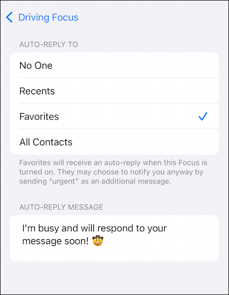 iphone focus autoreply driving focus fail - autoreply changed to favorites
