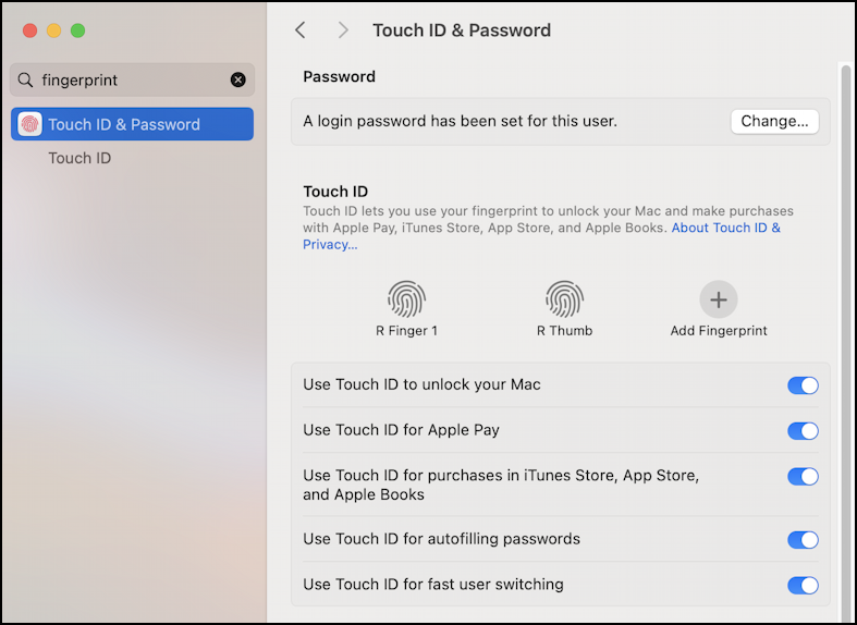 mac macos add fingerprint login - settings