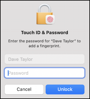 mac macos add fingerprint login - enter password