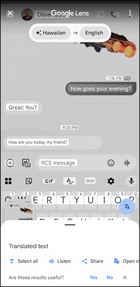 android foreign language text message - google lens translates
