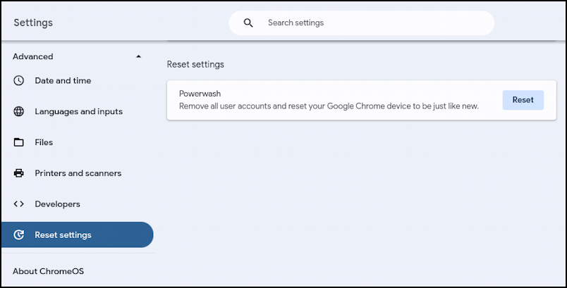 chromeos no updates powerwash factory reset - advanced > reset