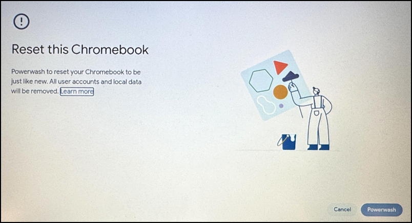 chromeos no updates powerwash factory reset - ready to proceed