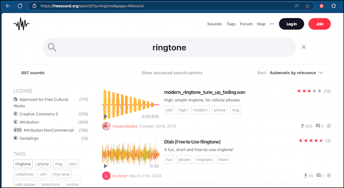 freesound.org search for 'ringtone'