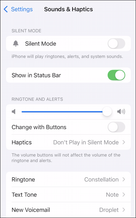 apple iphone ios ringtone volume control - settings > sound & haptics