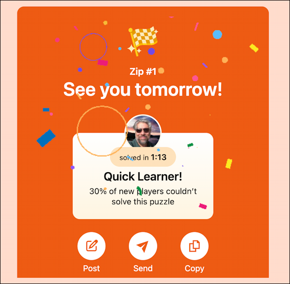 linkedin casual games: zip - solved puzzle #1