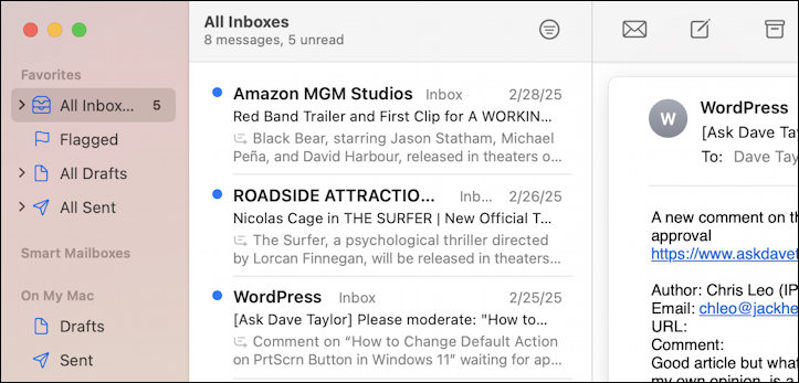 mac apple mail 15.4 beta - classic single inbox view