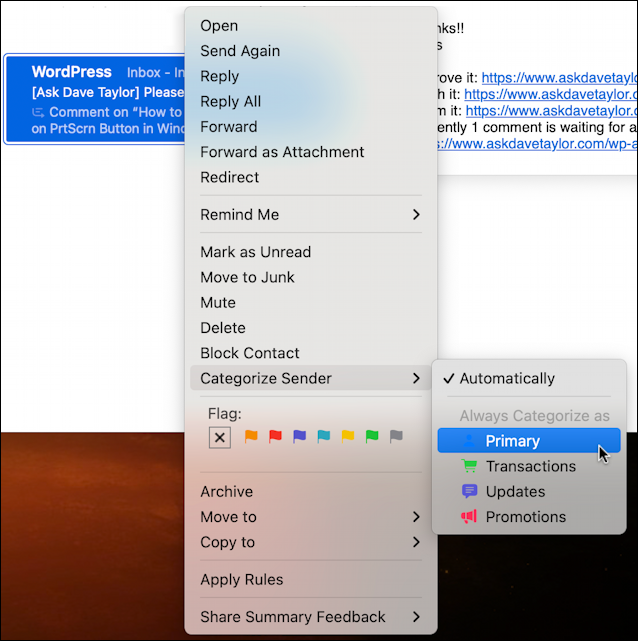 mac apple mail 15.4 beta - context menu from index view, including "update category"