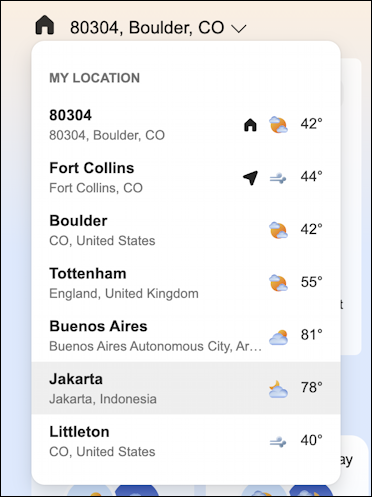 msn.com home page - additional weather locations