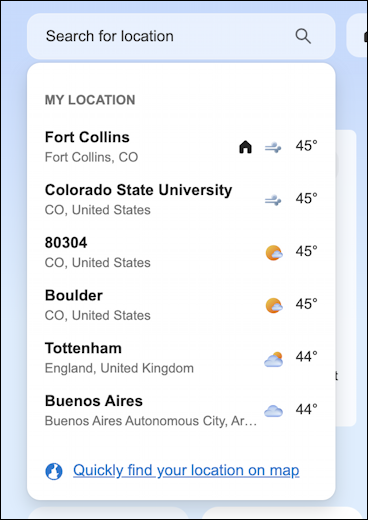 msn.com home page - list of known locations plus 'current location'