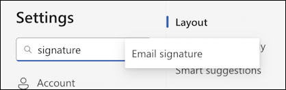 outlook online update signature - search settings for 'signature'