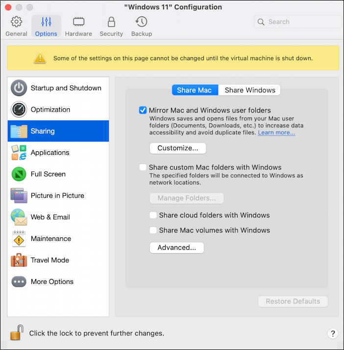 parallels desktop mac windows 11 - settings sharing 1