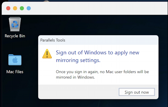 parallels desktop mac windows 11 - sign out of windows to apply new settings