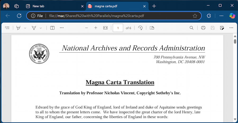 windows 11 pc pdf extract page - Magna Carta in MS Edge