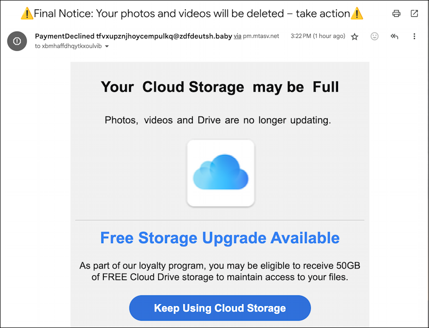 running out of cloud storage email - basic message