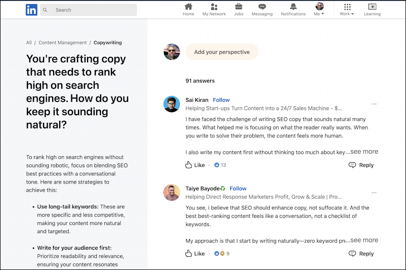 linkedin contribute expertise - answers and comments already shared