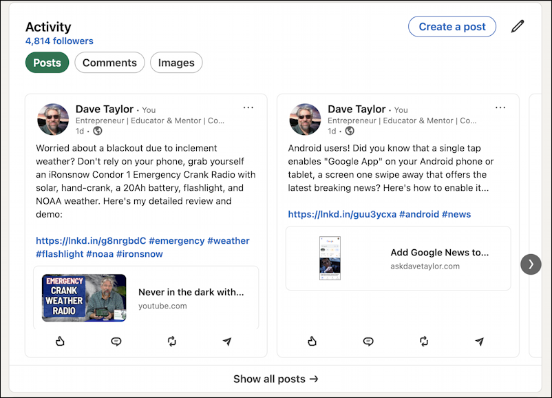 linkedin find post article link - profile: "my posts"