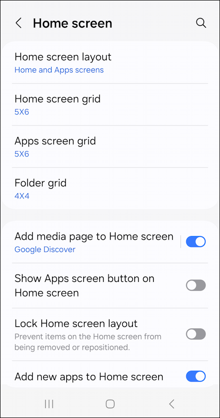 samsung galaxy oneui home screen app icons - settings > home screen