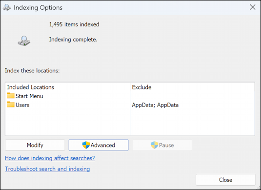 win11 search index file contents - advanced indexing options