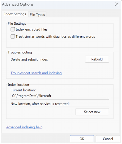 win11 search index file contents - advanced indexing options > advanced