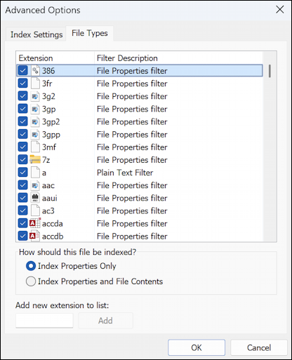 win11 search index file contents - advanced indexing options > advanced > file types
