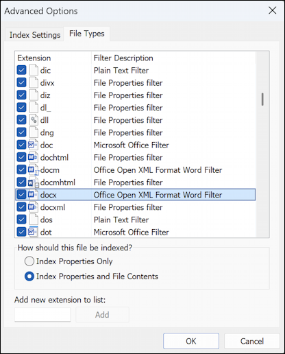 win11 search index file contents - advanced indexing options > advanced > file types > docx