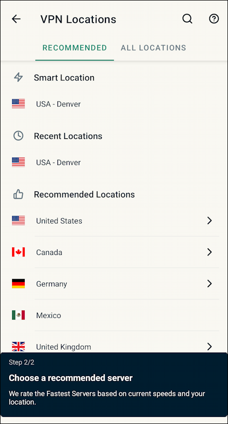 expressvpn android one-tap - list of countries