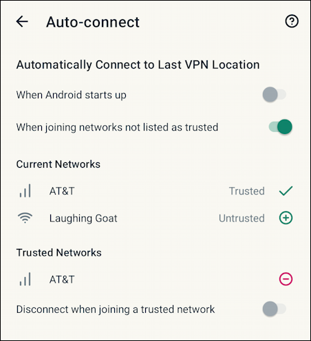 expressvpn android one-tap - at&t network marked as trusted
