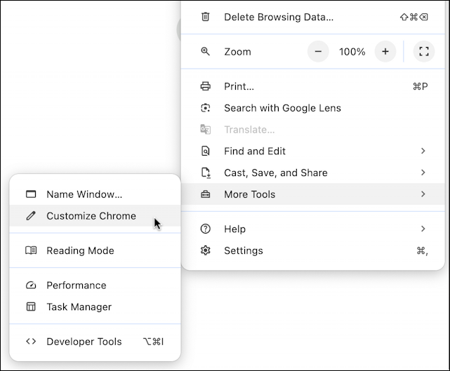 google chrome customize toolbar - menu