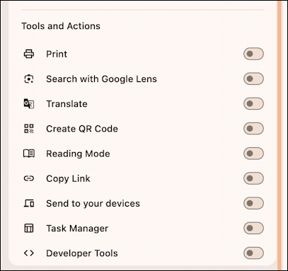 google chrome customize toolbar - tools and actions